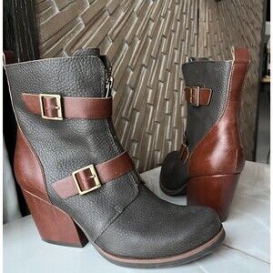 Korks Richards Leather Ankle heels Boots Women Sz 8.5 M Gray Brown Buckle Zip